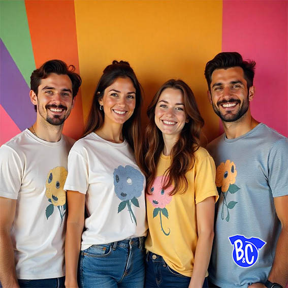 Foto Jóvenes con camisetas coloridas Camisetas impresas en el pecho con diseños a color